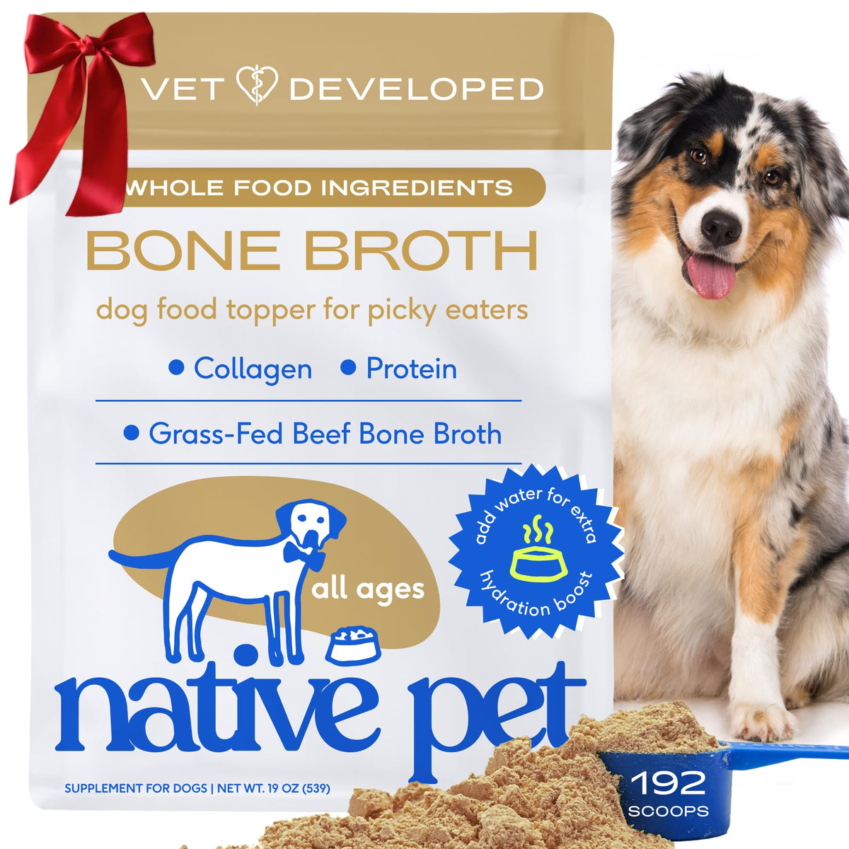 Native Pet bone broth powder jar closeup showing simple ingredients for picky eaters