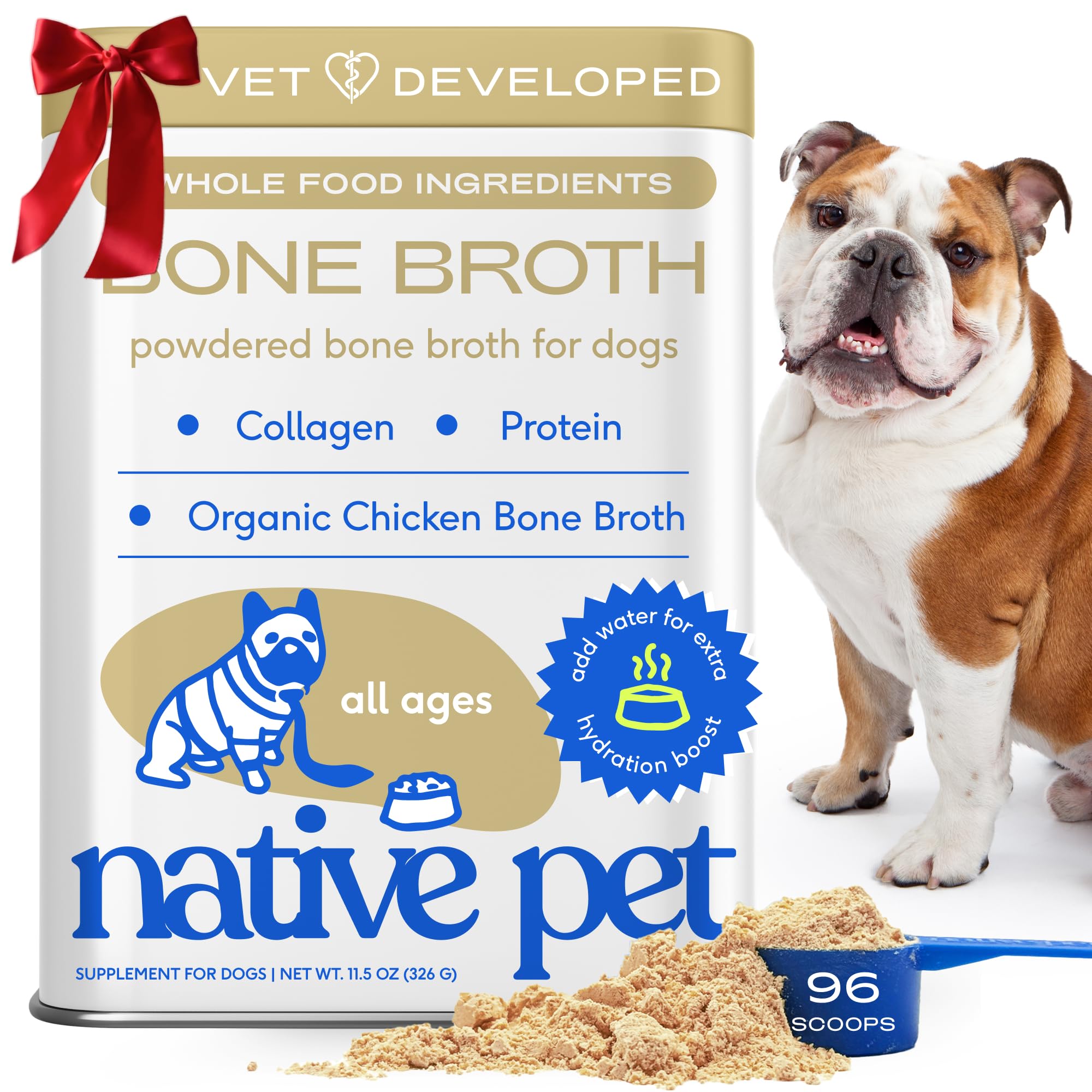 Native Pet bone broth powder pouring into a bowl to boost hydration and flavor.