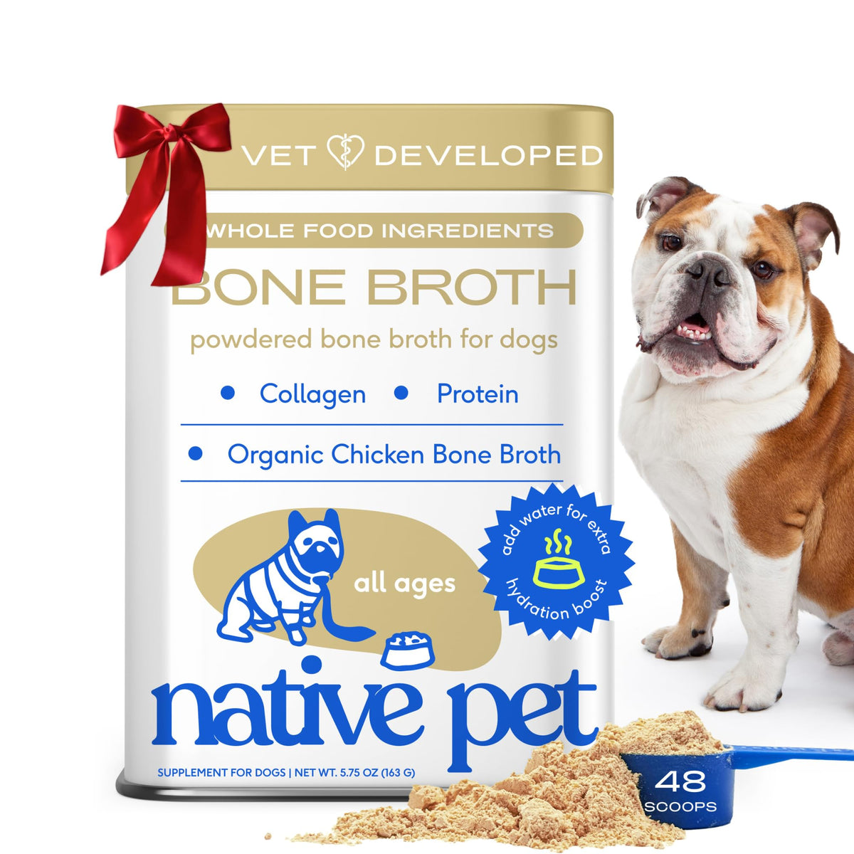 Native Pet bone broth powder scoop for quick meal toppers and easy serving.