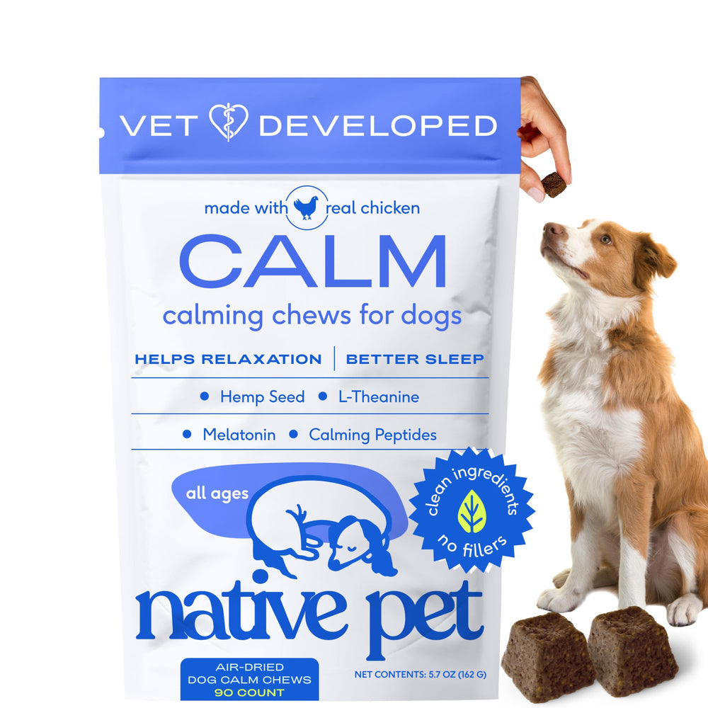 Native Pet Calming Chews bottle-front signaling calm moments for dogs
