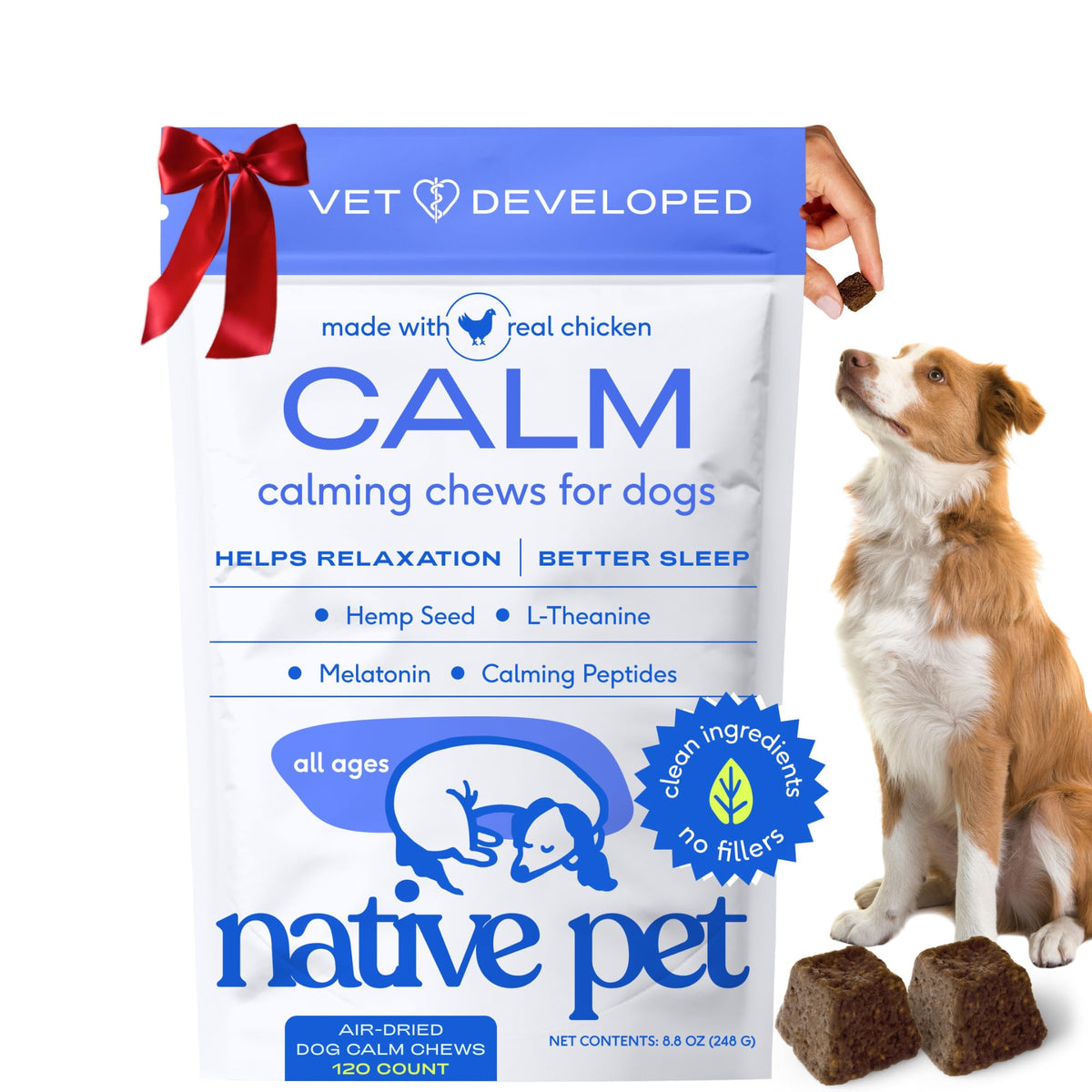 Native Pet Calming Chews melatonin action: dog relaxing at home.