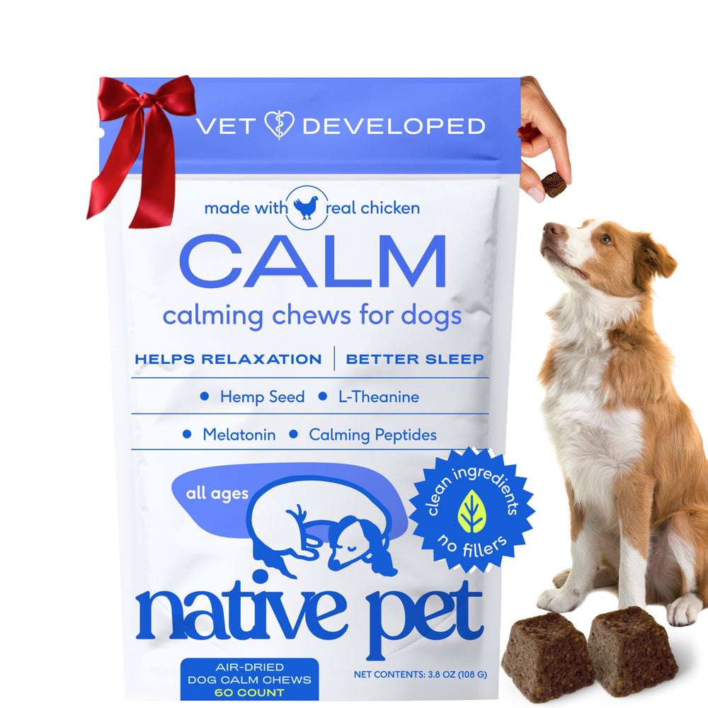 Native Pet Calming Chews packaging shown as a grain-free calm option.