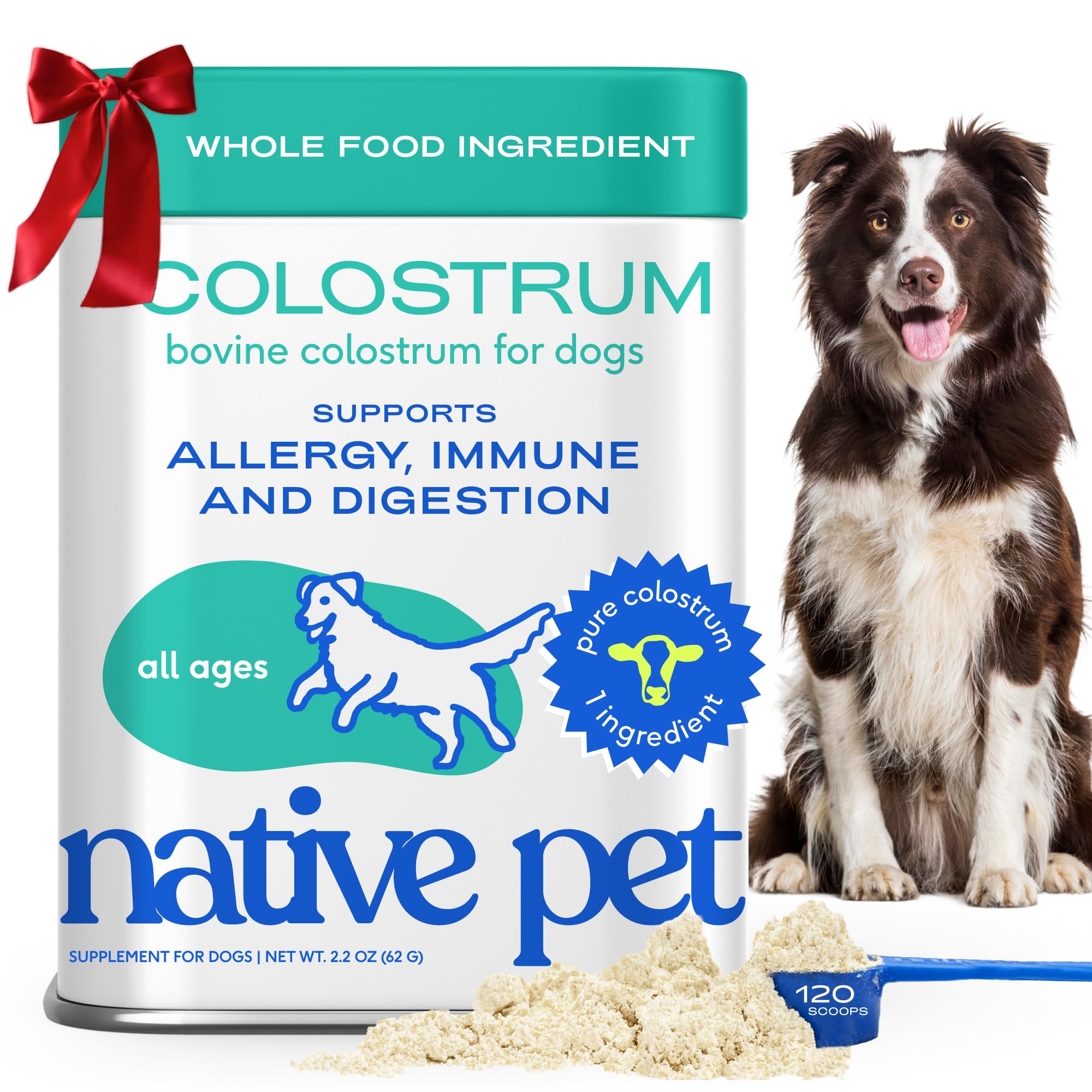 Native Pet Colostrum powder bottle shows immune support for dogs.