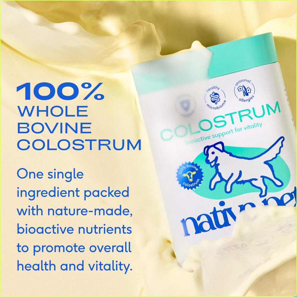 Native Pet Colostrum skin-coat supplement promotes coat vitality.