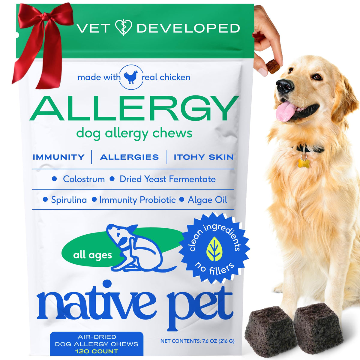 Native Pet Dog Allergy Chews bottle with real chicken for itch relief and seasonal support