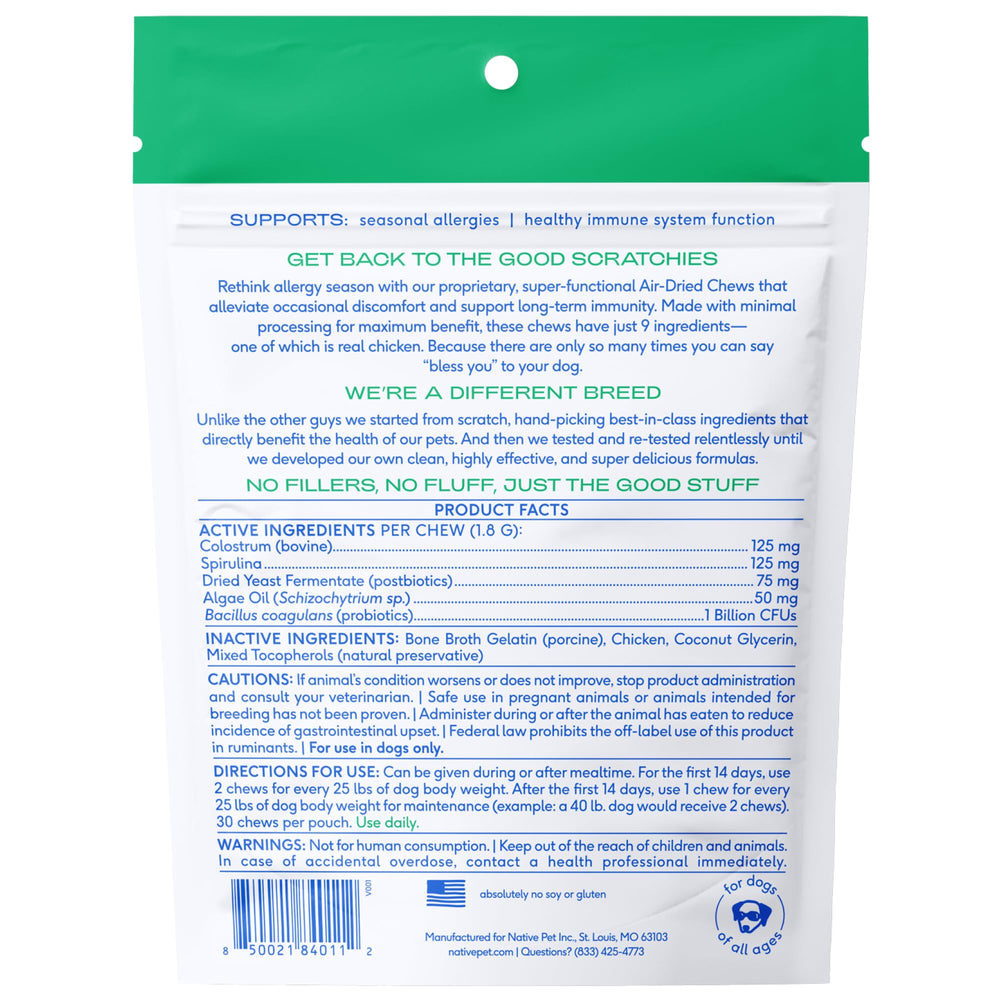 Native Pet Dog Allergy Chews probiotic gut support complements skin comfort