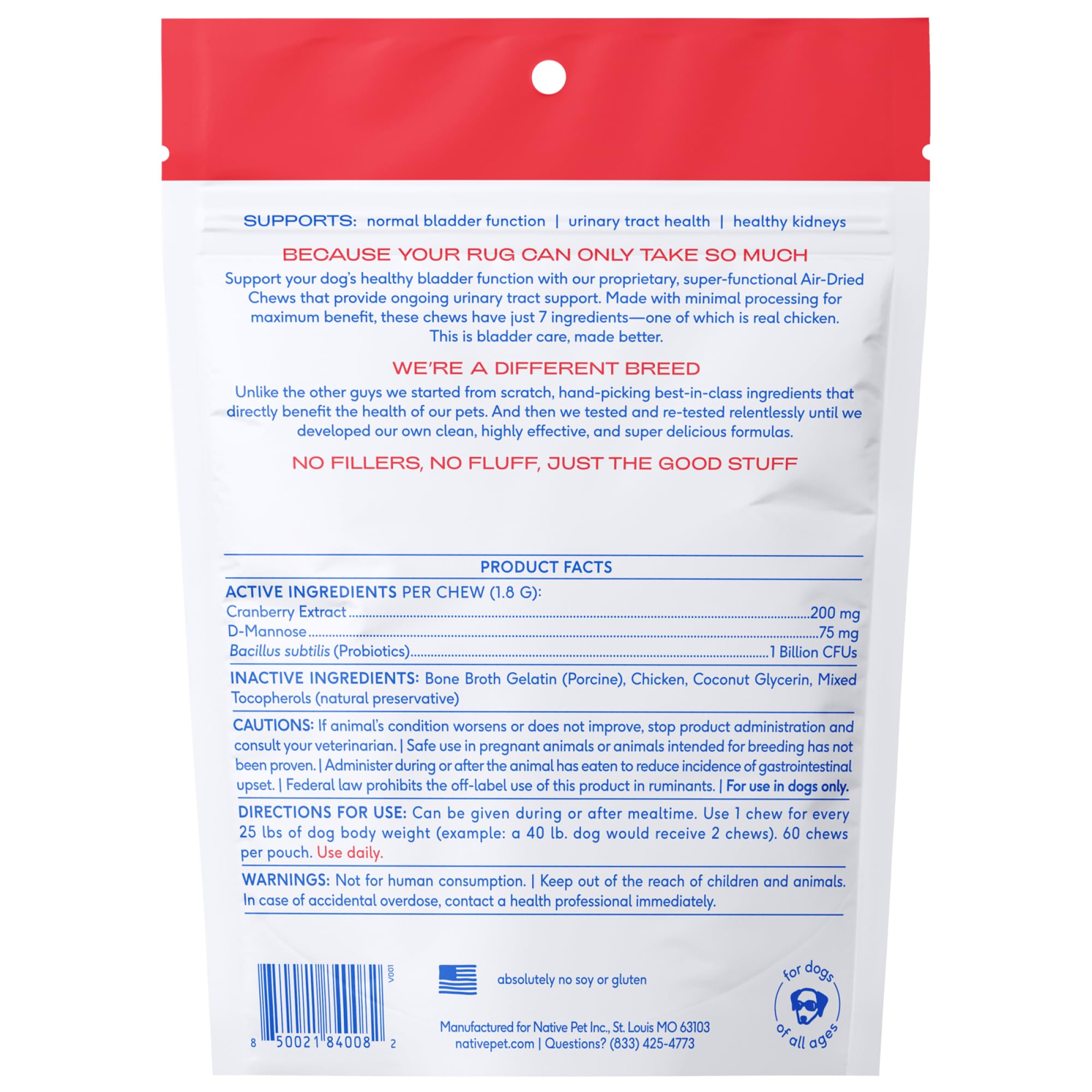 Native Pet bladder health daily-use chews promote comfort during routines.
