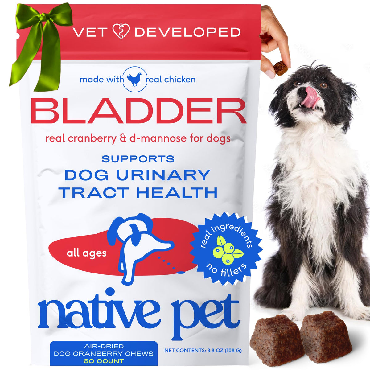 Native Pet Dog UTI Treatment packaging shows cranberry chews for daily bladder support.