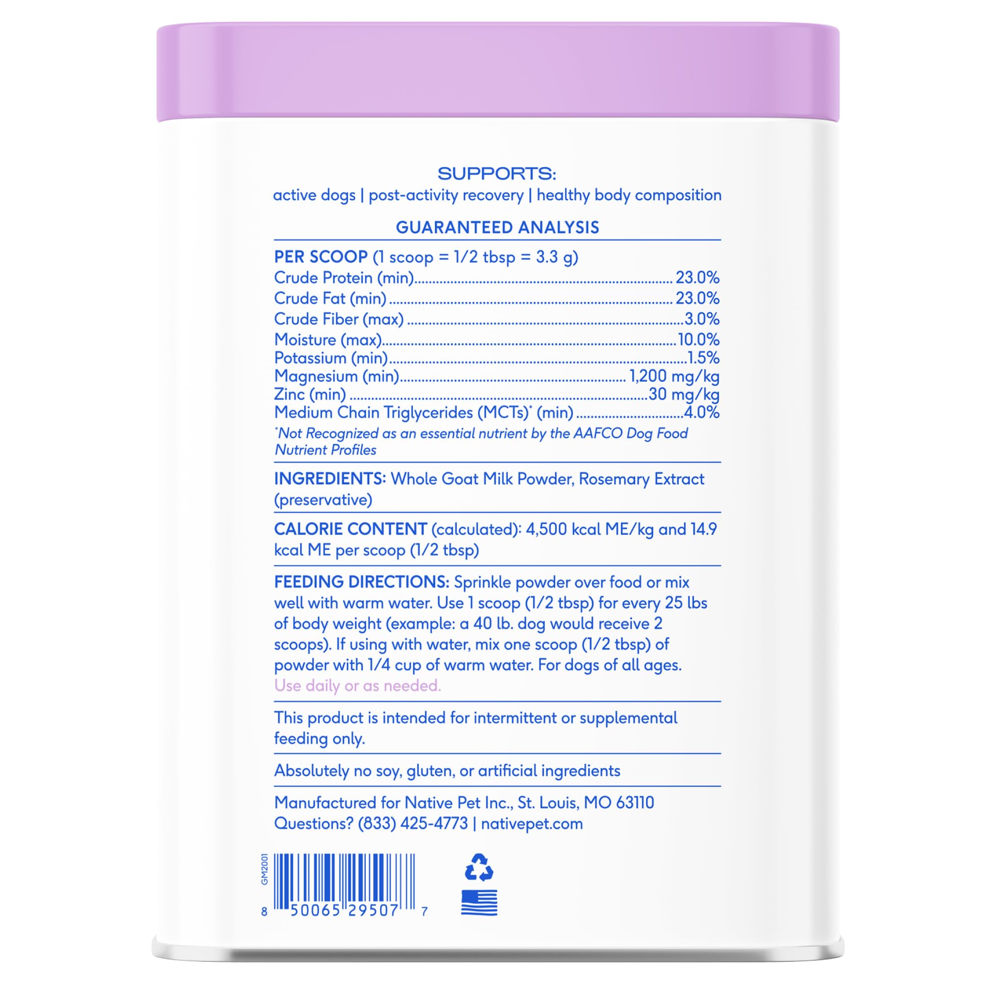 Native Pet goat milk long shelf life enables easy daily use.