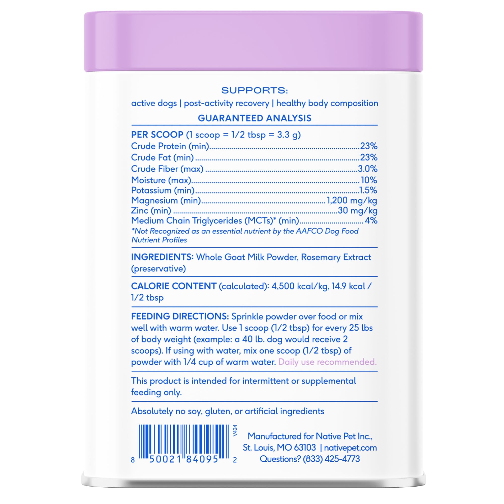 Native Pet Goat Milk Shelf-Life 24-Month label indicates long storage convenience