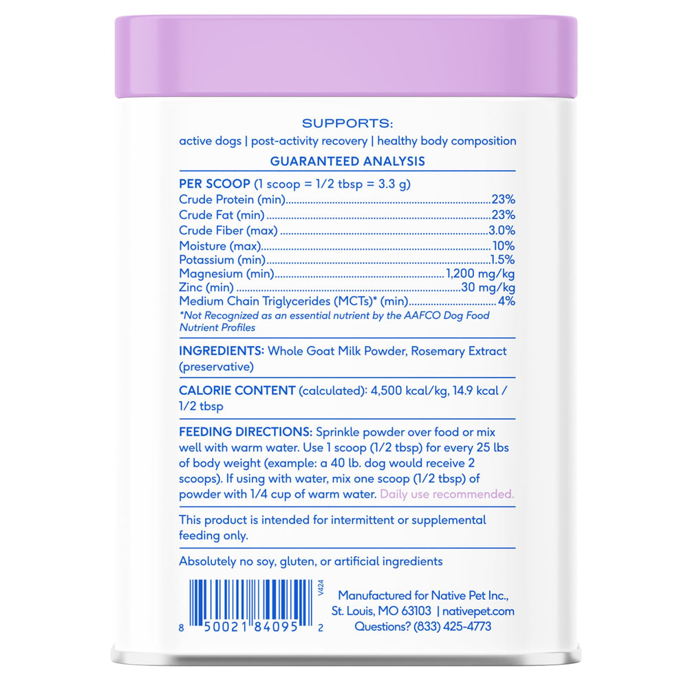 Native Pet Goat Milk Shelf-Life 24-Month label indicates long storage convenience