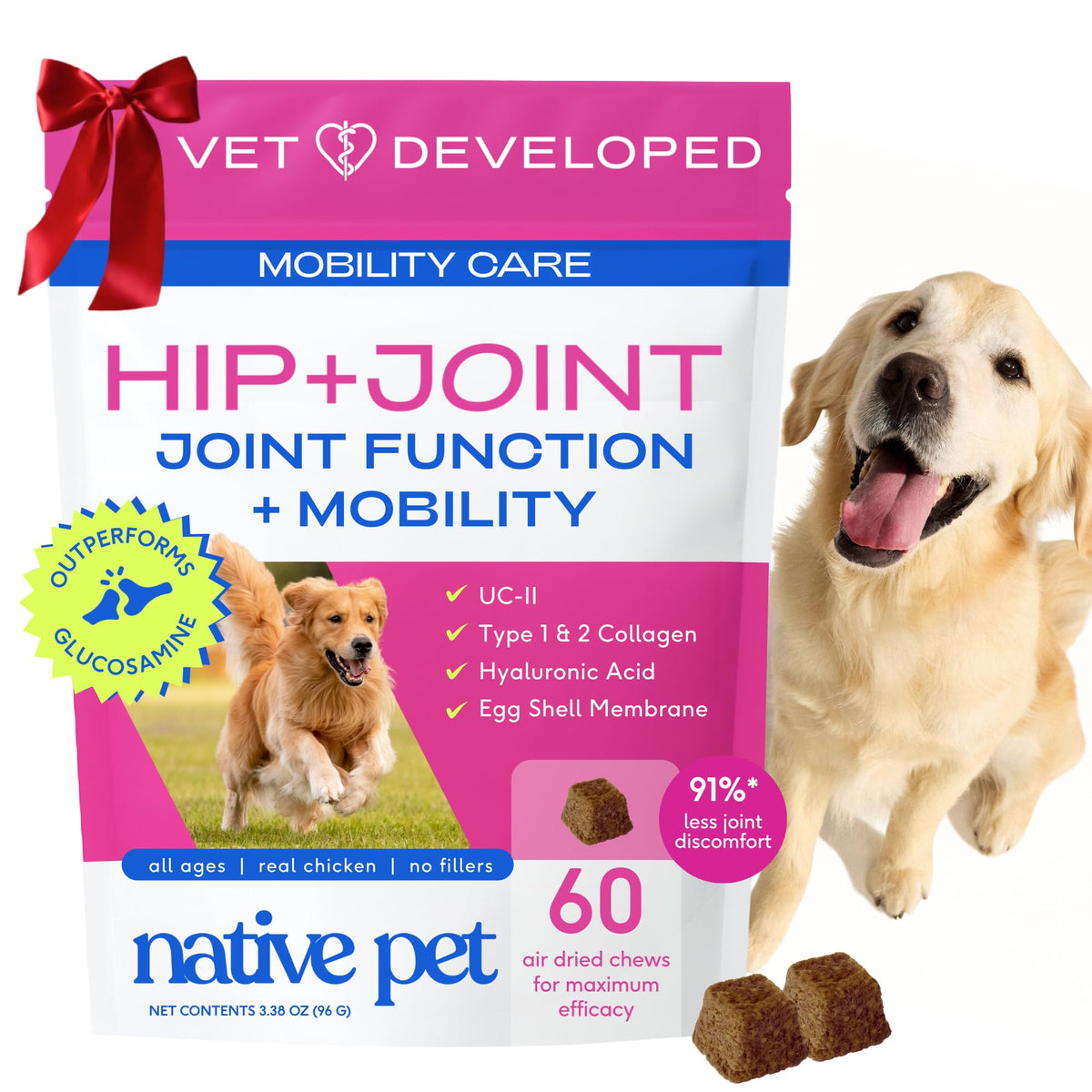 Native Pet hip and joint chews bottle close-up showing real chicken flavor for daily mobility support