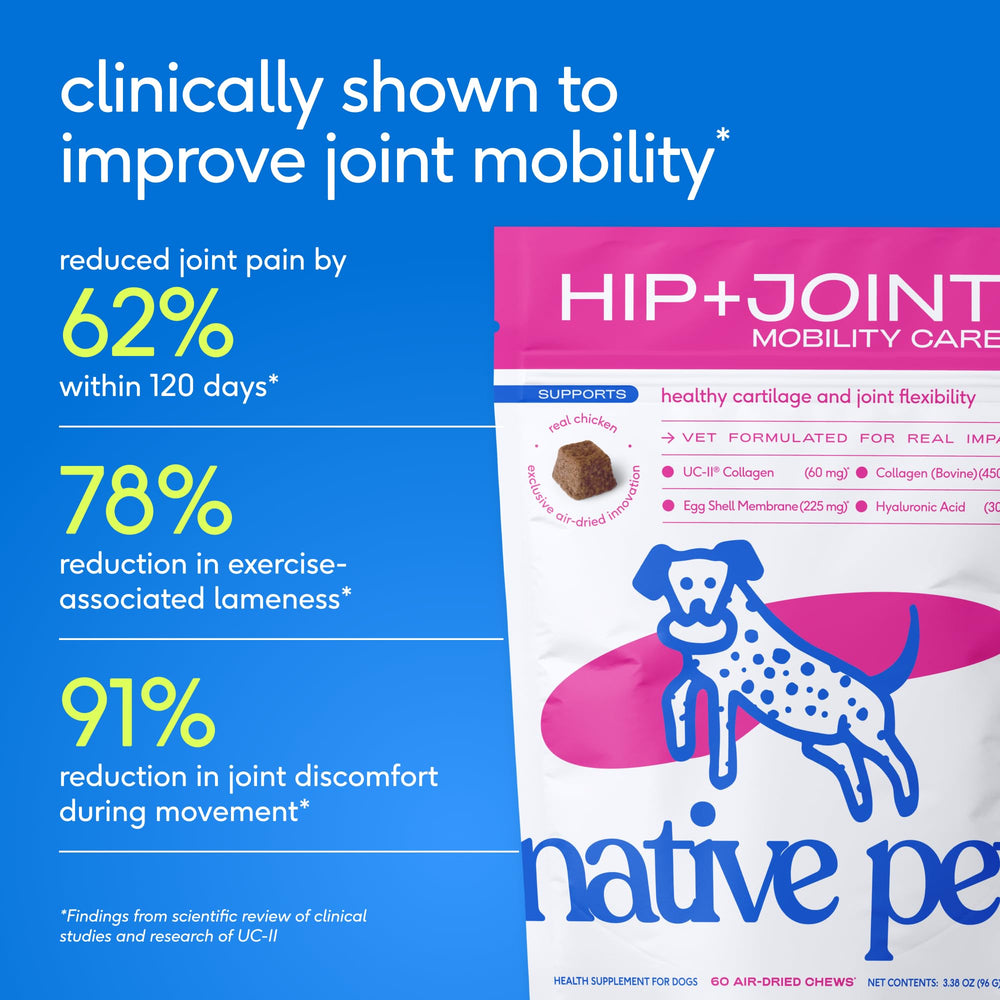 Native Pet Hip & Joint chews with collagen and hyaluronic acid highlight mobility support