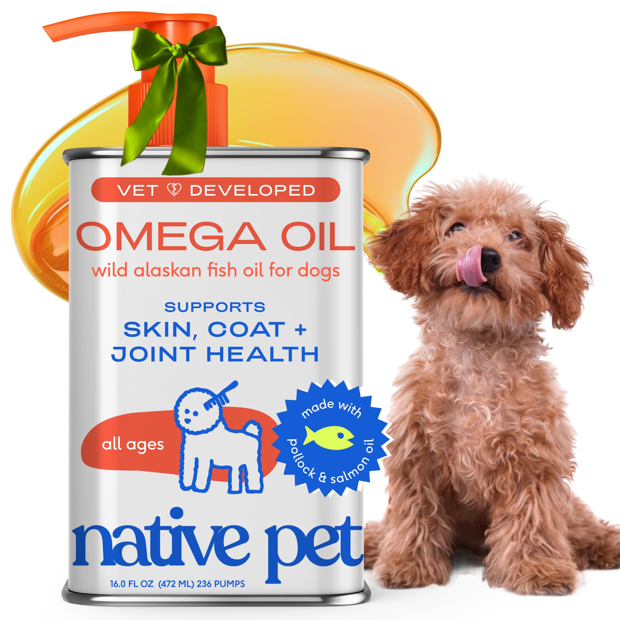 Native Pet Omega 3 fish oil bottle pump enables easy daily dosing for dogs and cats.