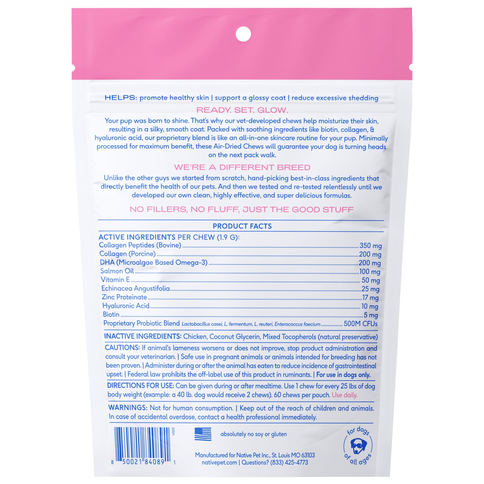 Native Pet Omega Skin & Coat Chews dog enjoying chew, implying tasty skin care.