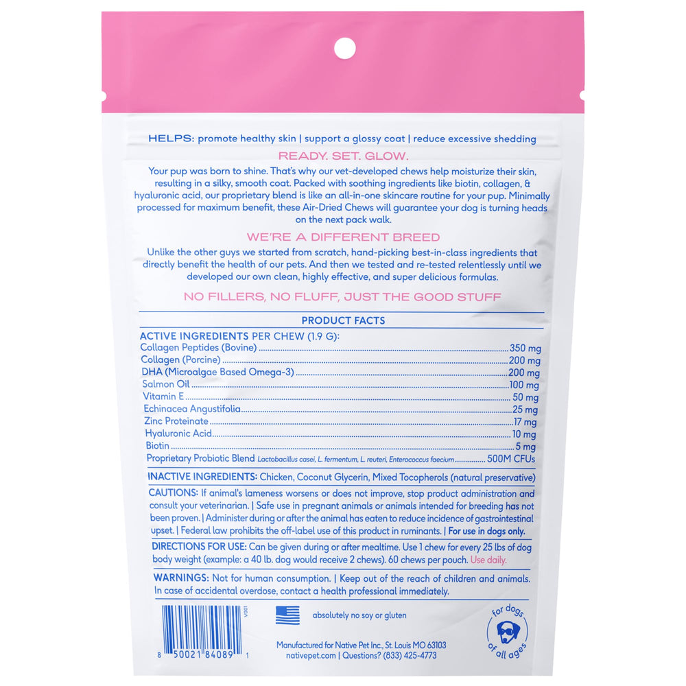 Native Pet Omega Skin & Coat Chews dog enjoying chew, implying tasty skin care.