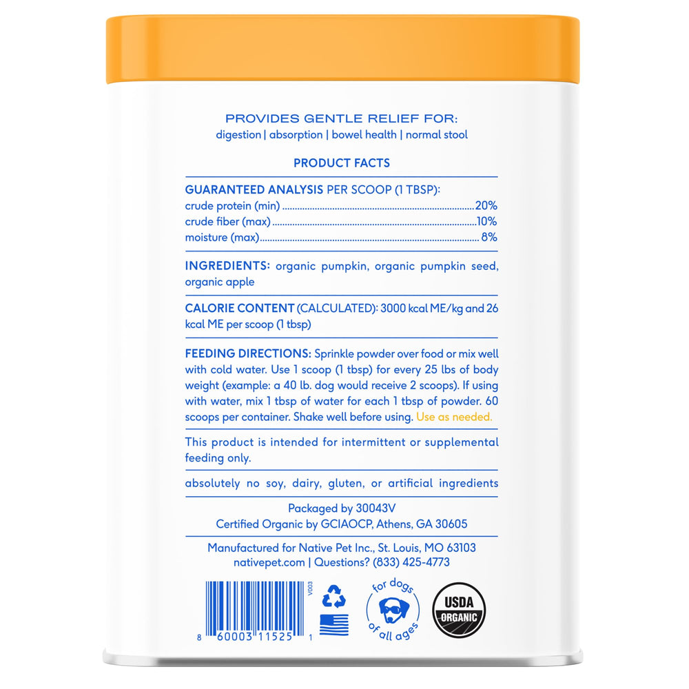 Native Pet packaging may vary for 60-scoop pumpkin powder