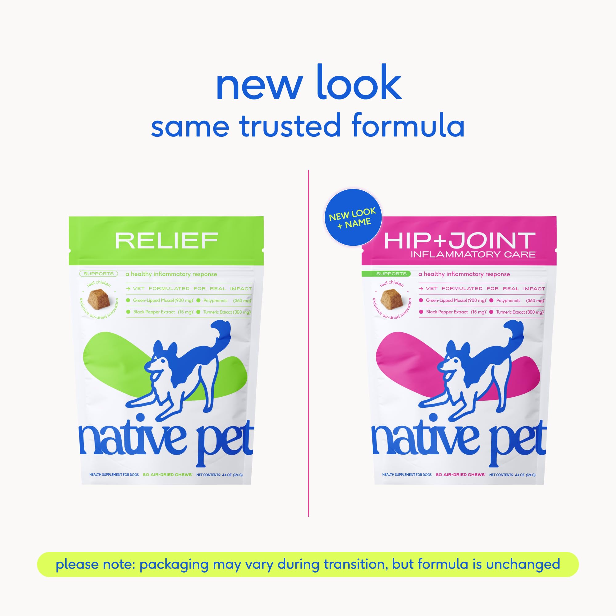 Native Pet Pain Relief for Dogs chews presented as a tasty daily treat option.