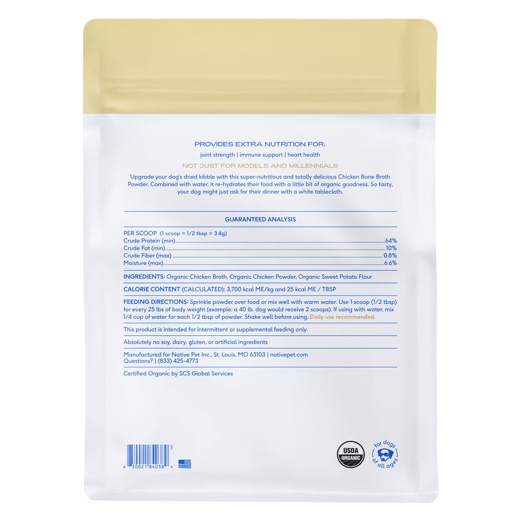 Native Pet picky eater friendly broth serving helps mealtime acceptance and nutrition.