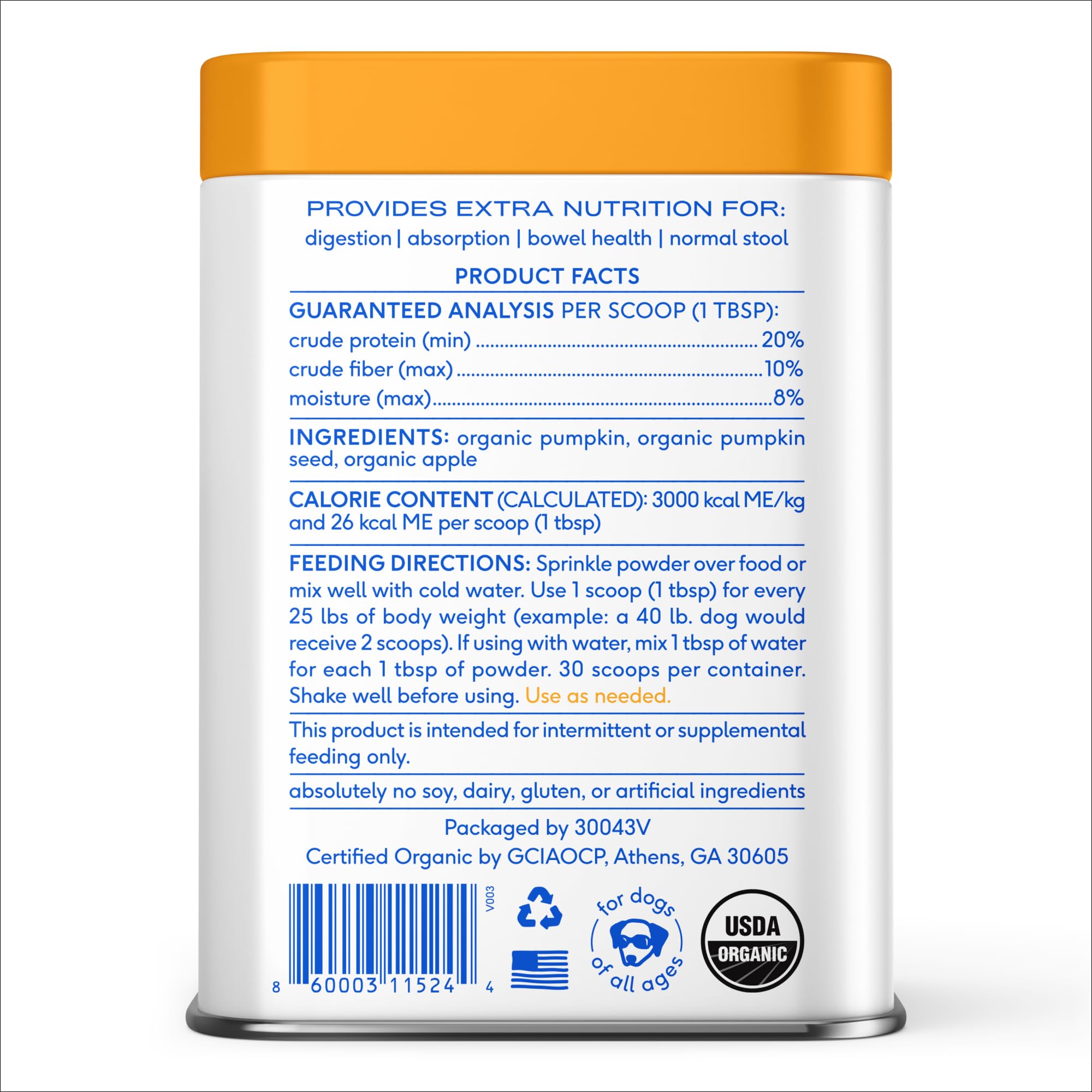 Native Pet Pumpkin powder package showing 30 scoops and long shelf life