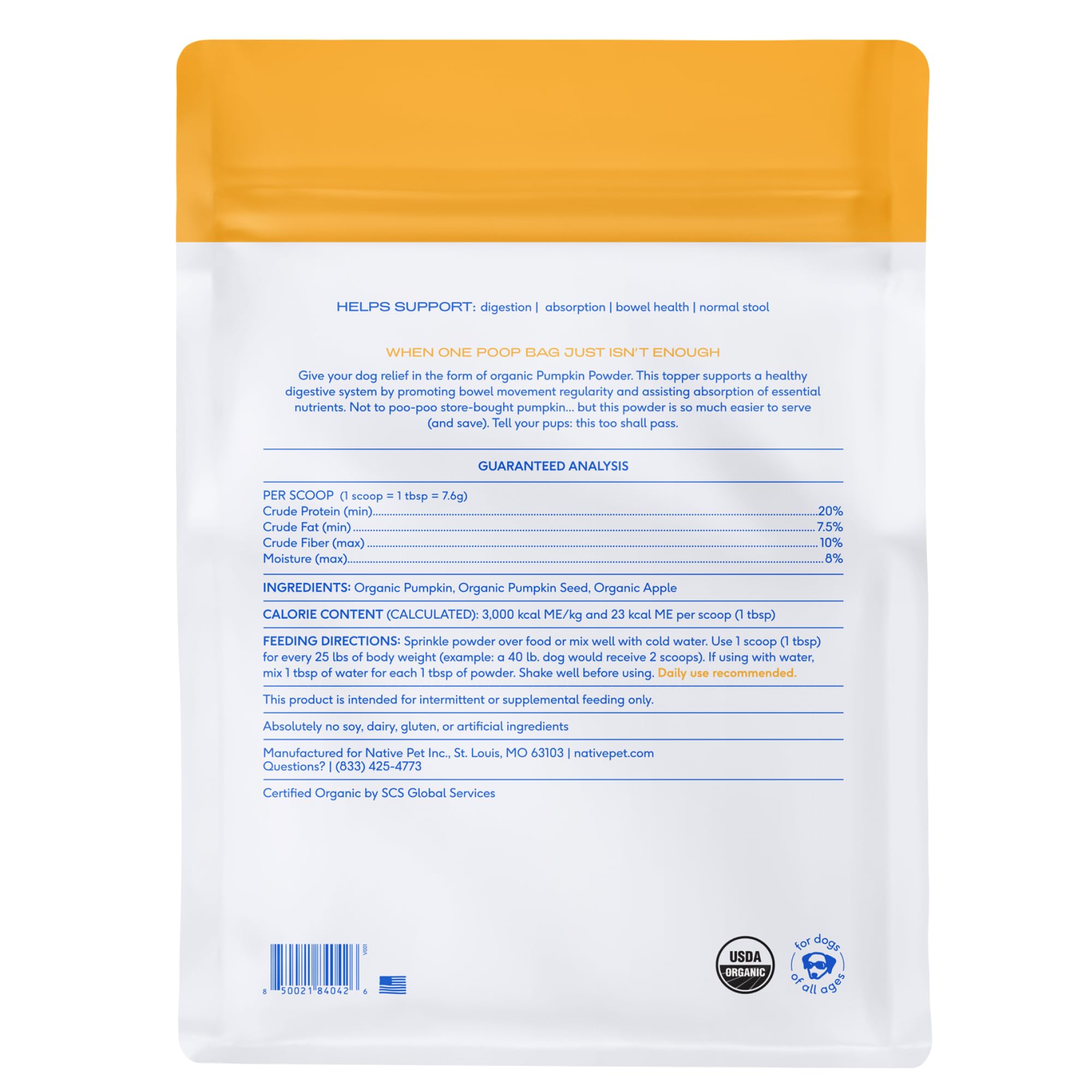 Native Pet pumpkin powder stays fresh; 24-month shelf life, mess-free.
