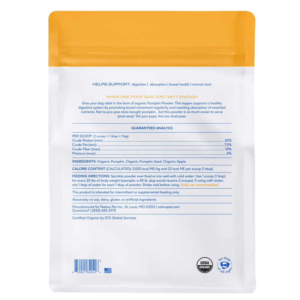Native Pet pumpkin powder stays fresh; 24-month shelf life, mess-free.