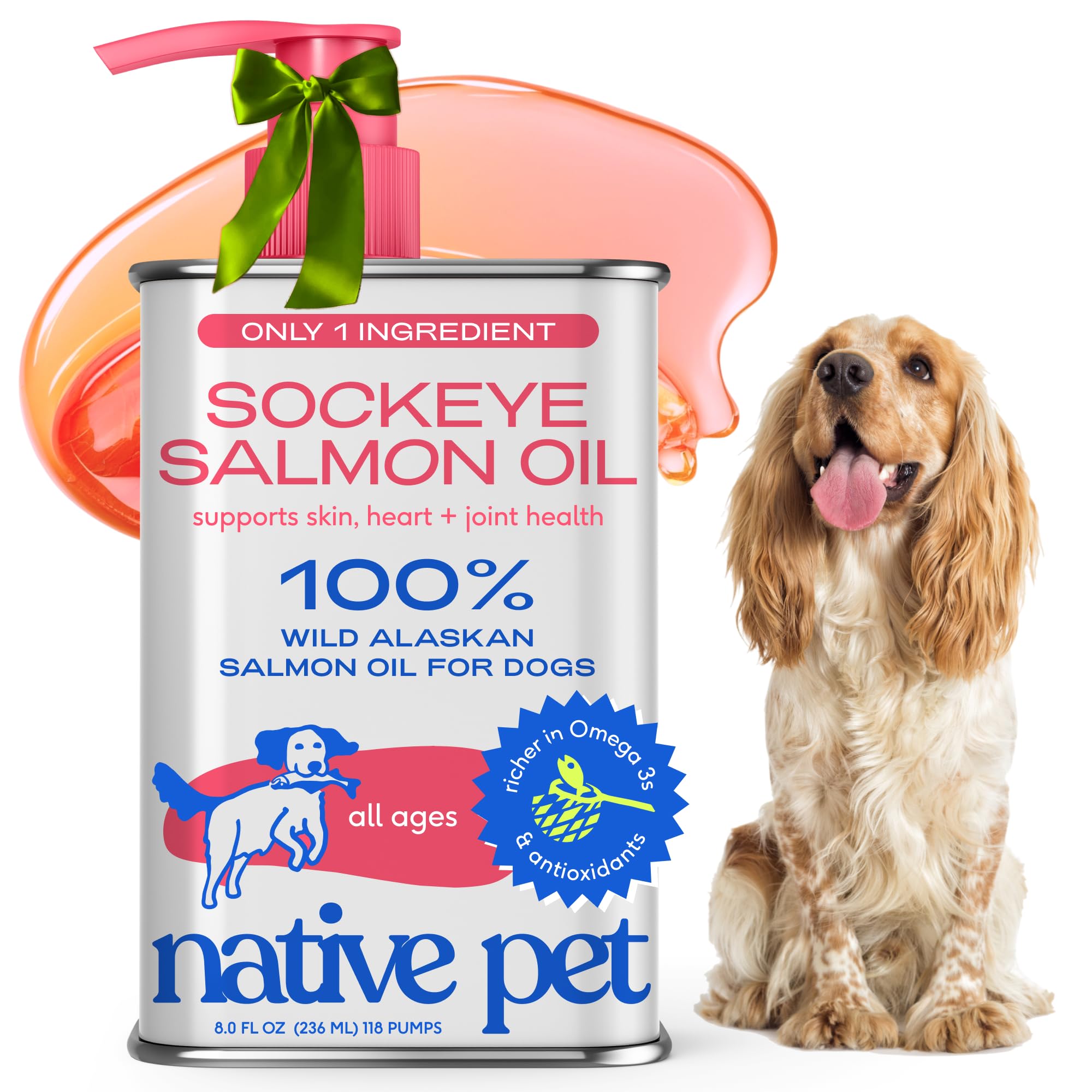 Native Pet salmon oil bottle pour supports skin and coat health for pets.