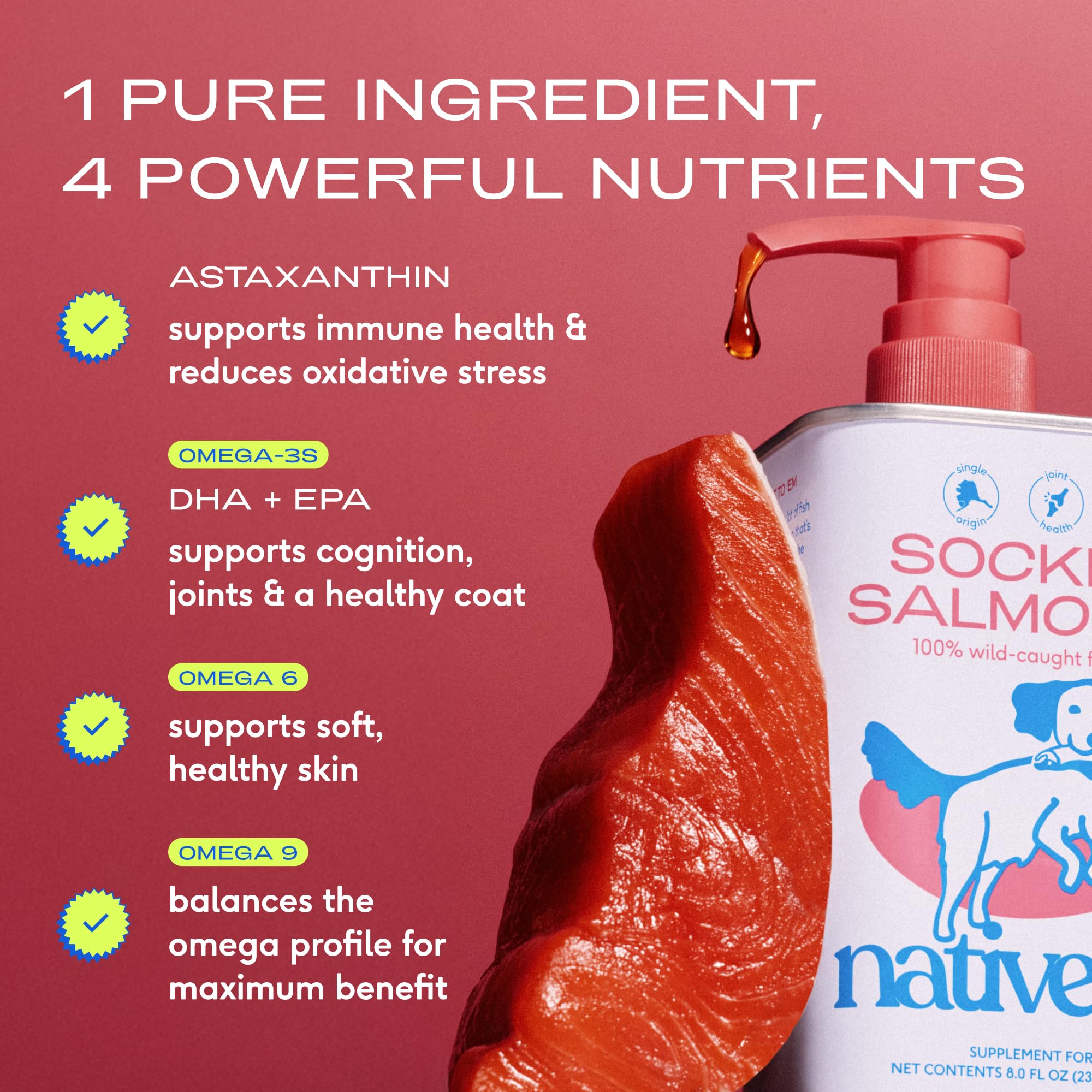 Native Pet salmon oil bottle label highlights heart health support.