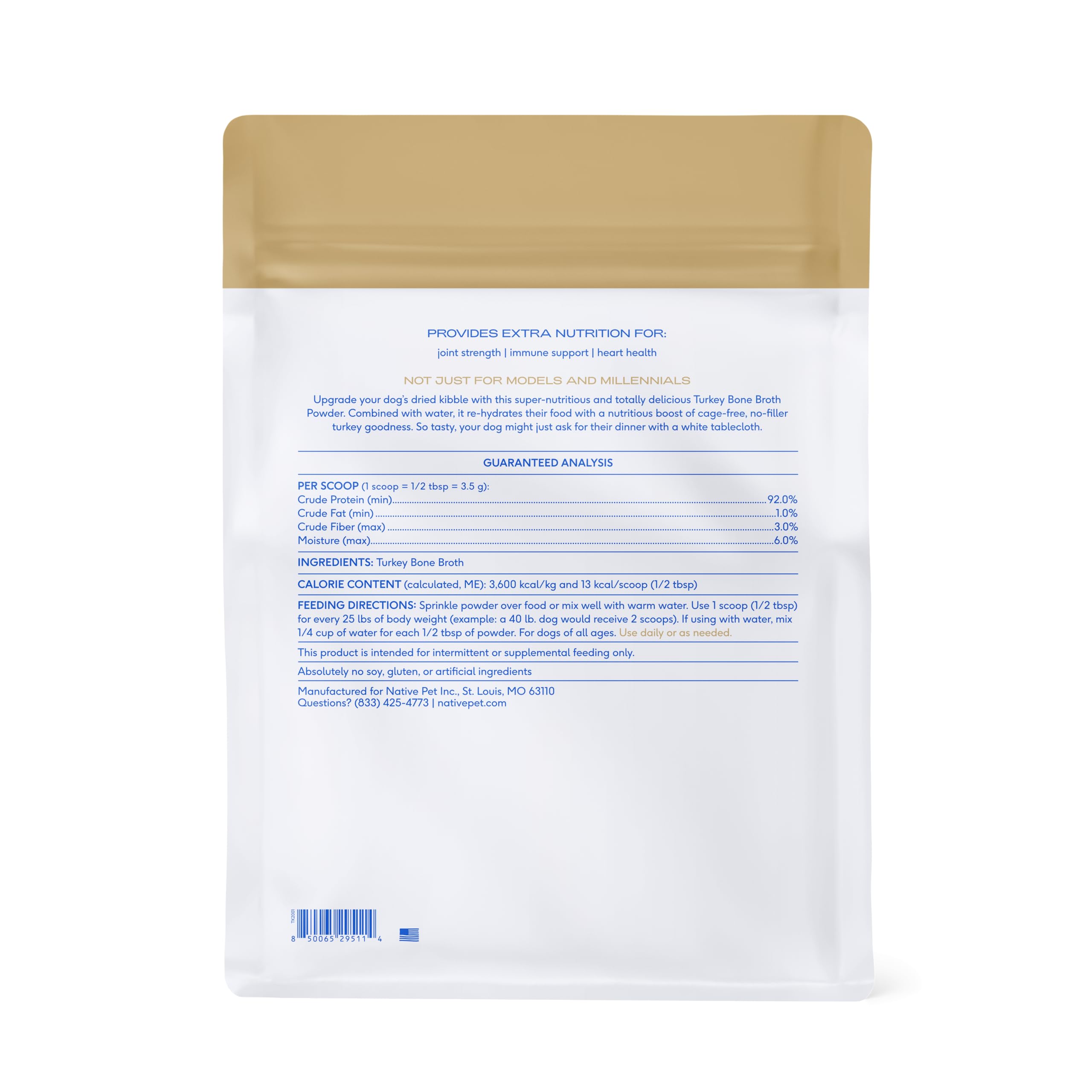 Native Pet USA-made turkey bone broth powder supports overall wellness during daily meals