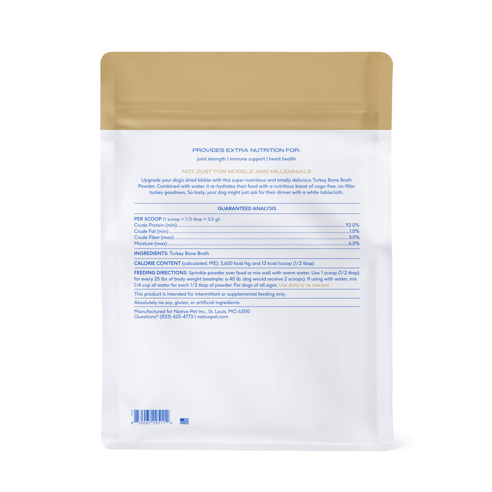 Native Pet USA-made turkey bone broth powder supports overall wellness during daily meals
