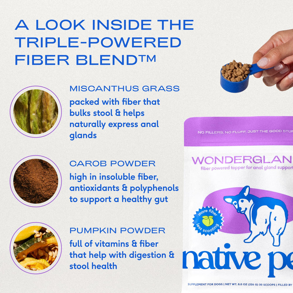 Native Pet WonderGland on food bowl illustrating easy sprinkle over meals.