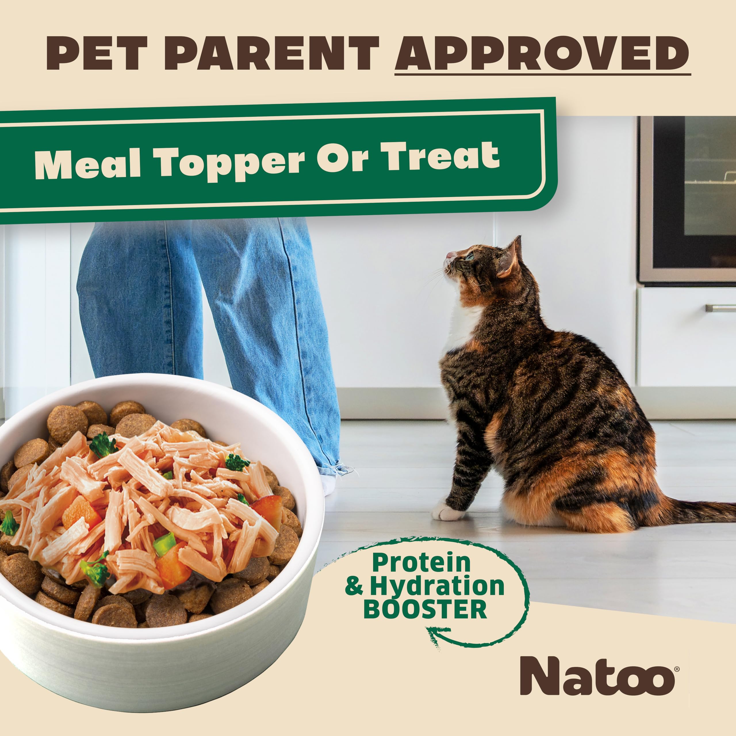 NATOO Cat Food Topper shows protein-boost ingredients to support active cats.