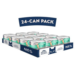 Natural Balance LID wet cat food close-up of cans—convenient 24-pack for consistent meals.