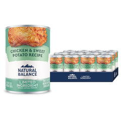 Natural Balance limited ingredient dog food cans featuring chicken and sweet potato for grain-free nutrition.
