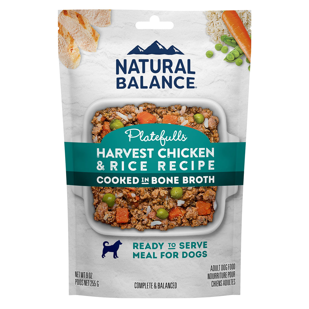 Natural Balance Platefulls homestyle chicken rice bone broth pouch shown as a complete meal
