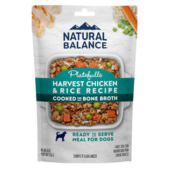 Natural Balance Platefulls homestyle chicken rice bone broth pouch shown as a complete meal