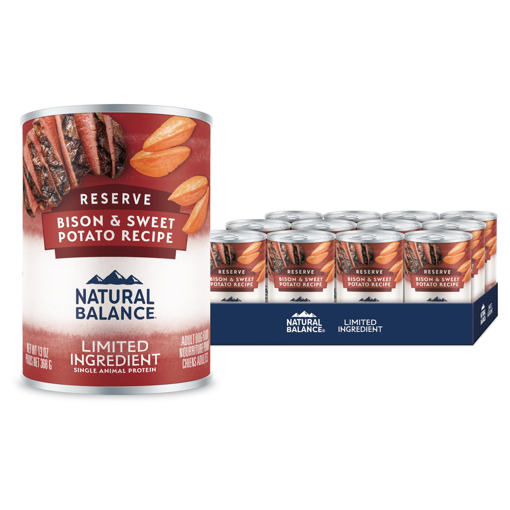 Natural Balance Reserve Bison & Sweet Potato canned dog food can shows single-protein support for sensitive stomach comfort