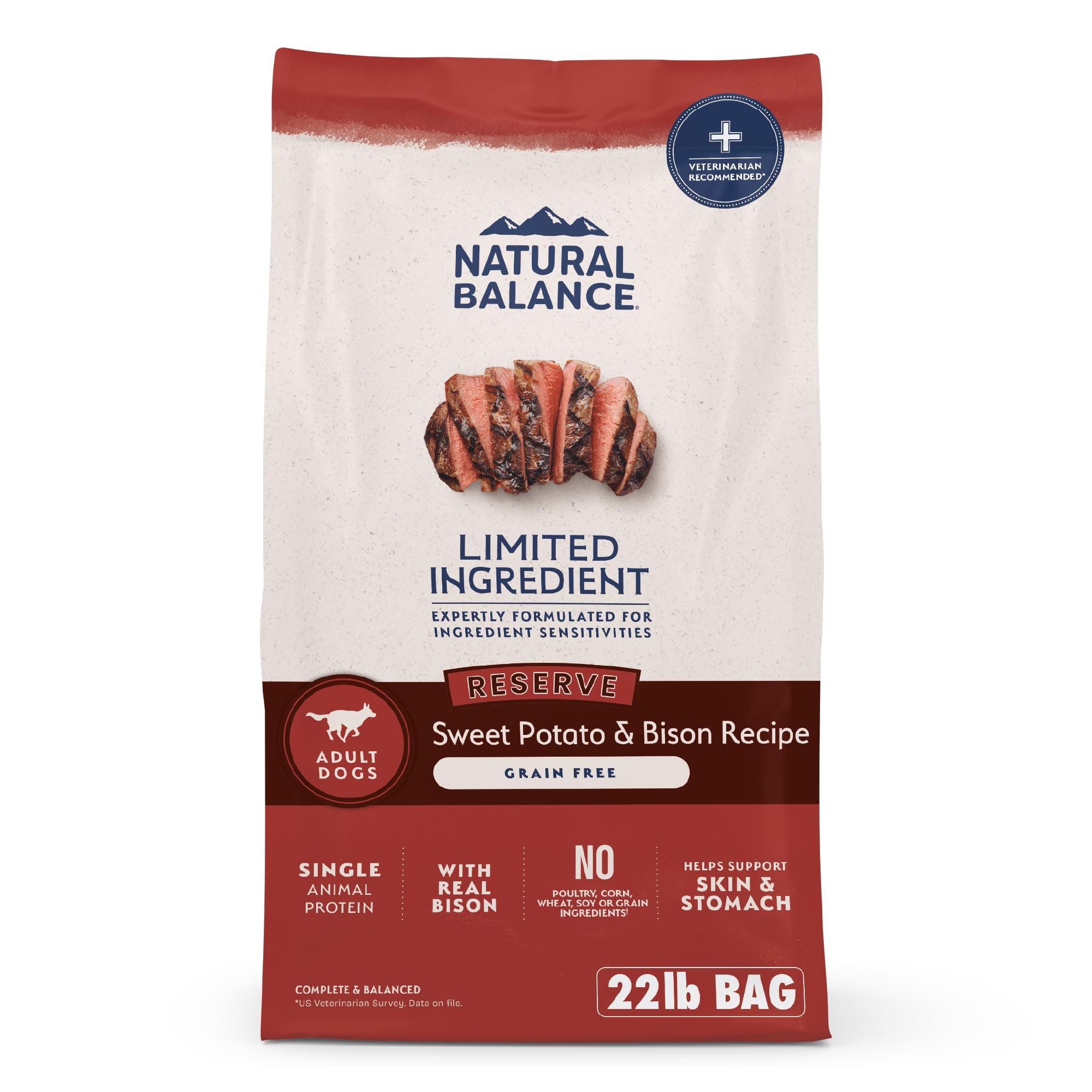 Natural Balance Reserve bag 22lb featuring grain-free sweet potato and bison formula for sensitive stomachs.