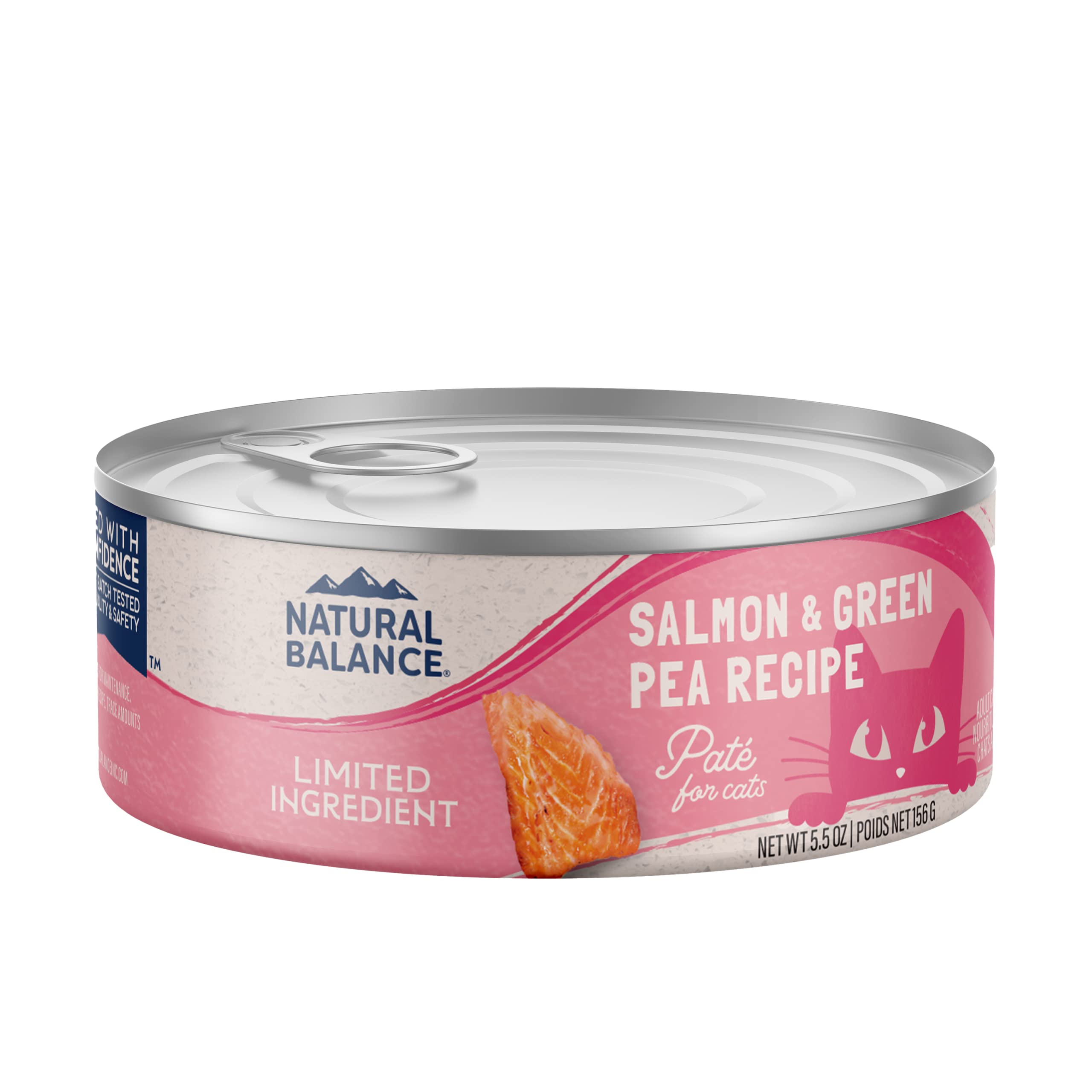 Natural Balance salmon-pea wet cat food can closeup shows protein-rich salmon for adult cats.