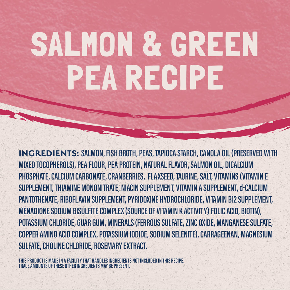 Natural Balance salmon-pea texture closeup emphasizes tender chunks and moisture-rich appeal.