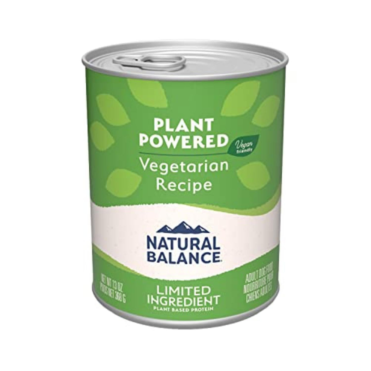 Natural Balance vegetarian dog food can pack showcasing plant-based protein and grains