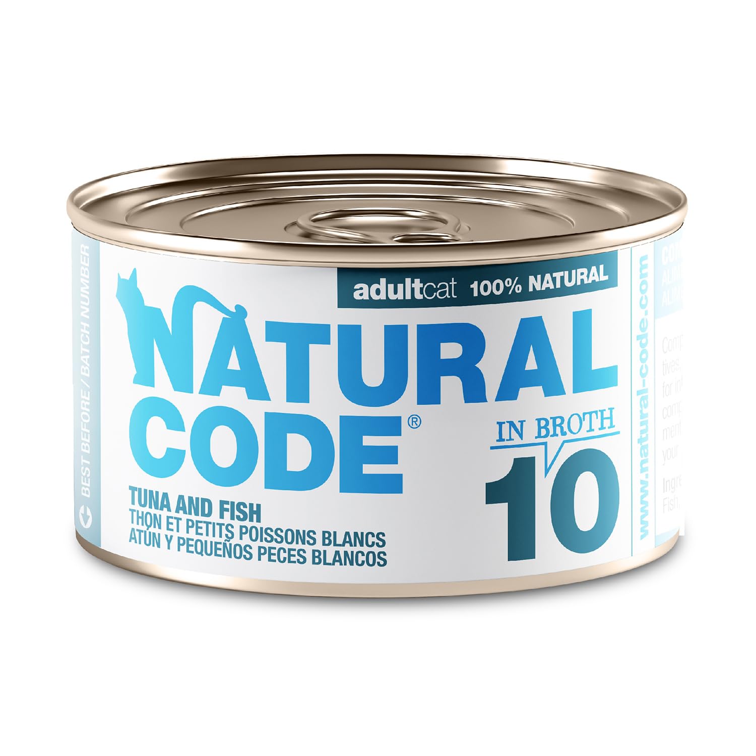 Natural Code tuna in broth topper close-up showcasing protein-rich cat meal enhancer.