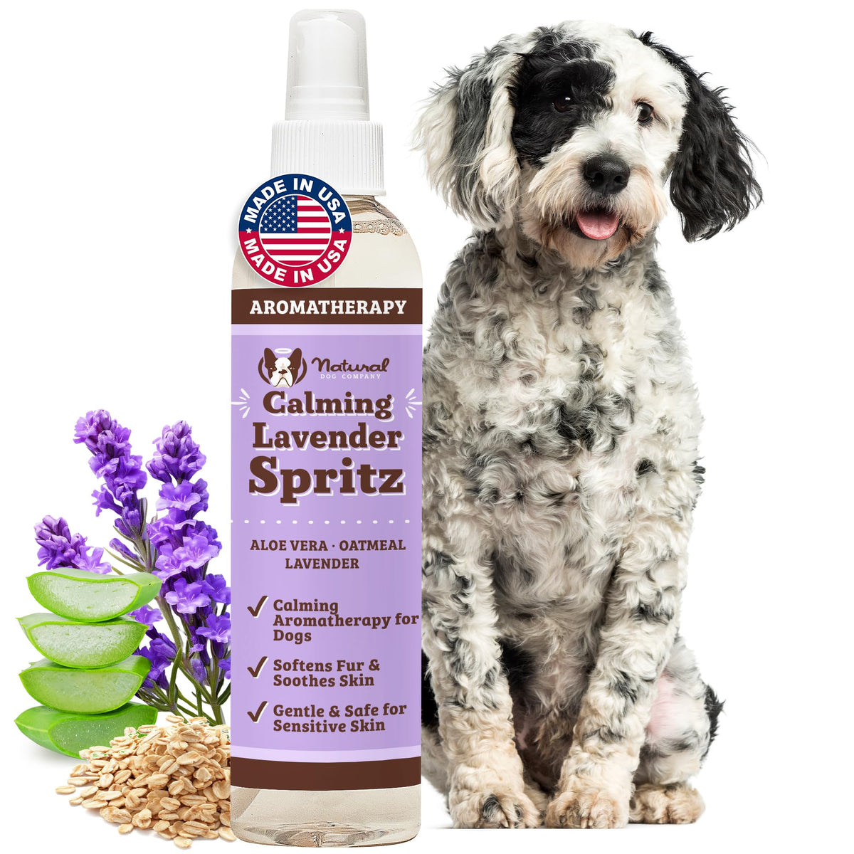 Natural Dog Company aerosol lavanda calma en botella de 8 oz para uso rápido entre baños