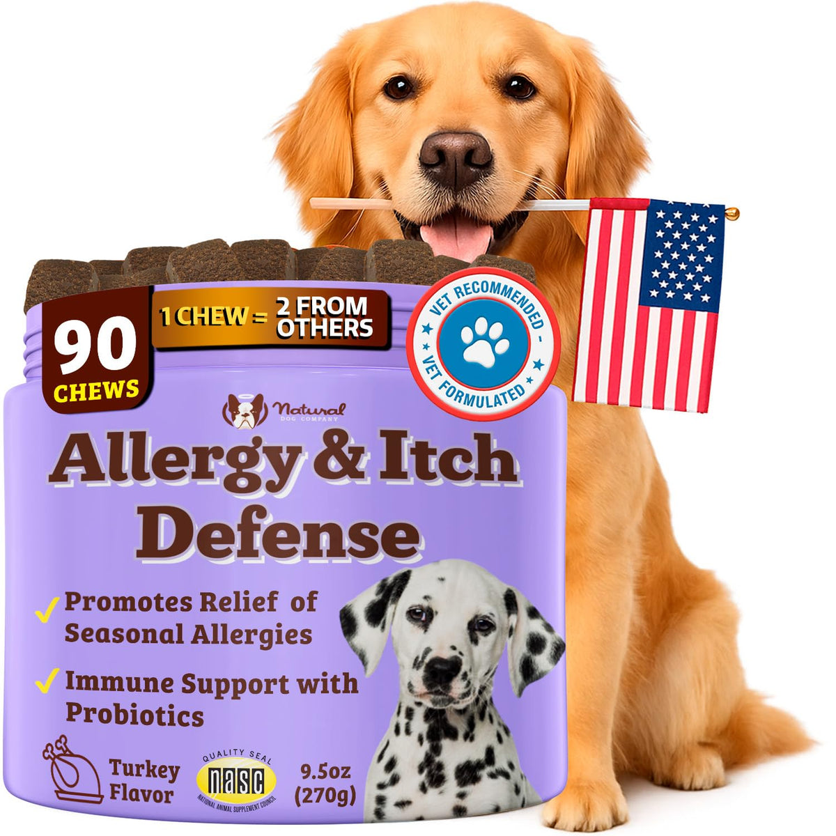 Natural Dog Company Allergy & Itch Defense bottle shows daily immune support for allergies.