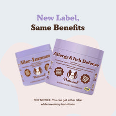 Natural Dog Company Allergy & Itch Defense label close-up highlights grain-free formula benefits.