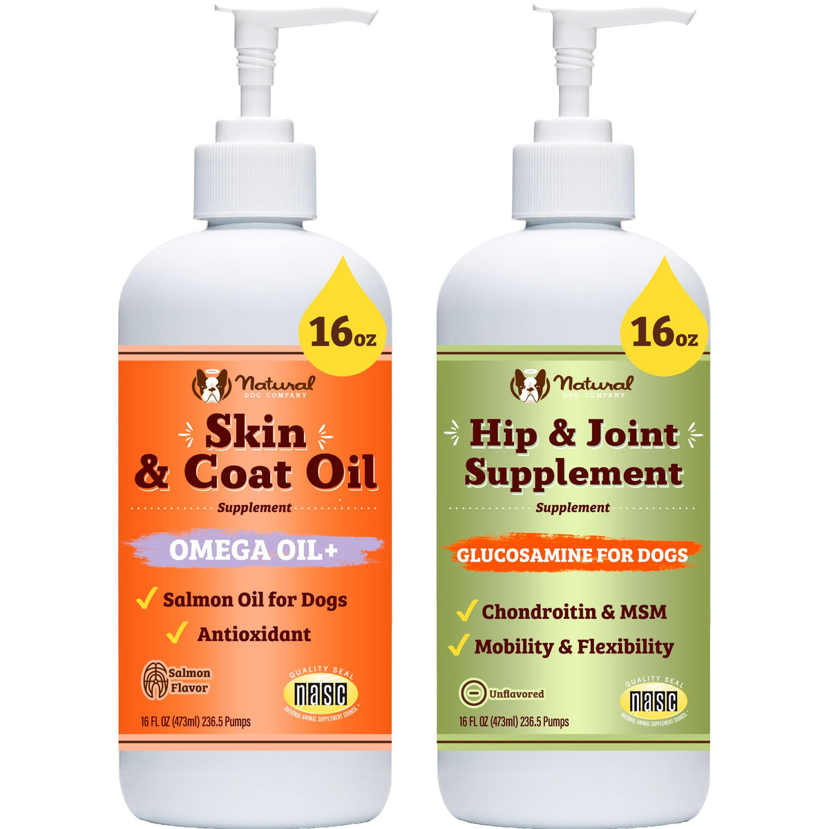 Natural Dog Company bundle with bottles highlighting joint support and shiny coat possibilities