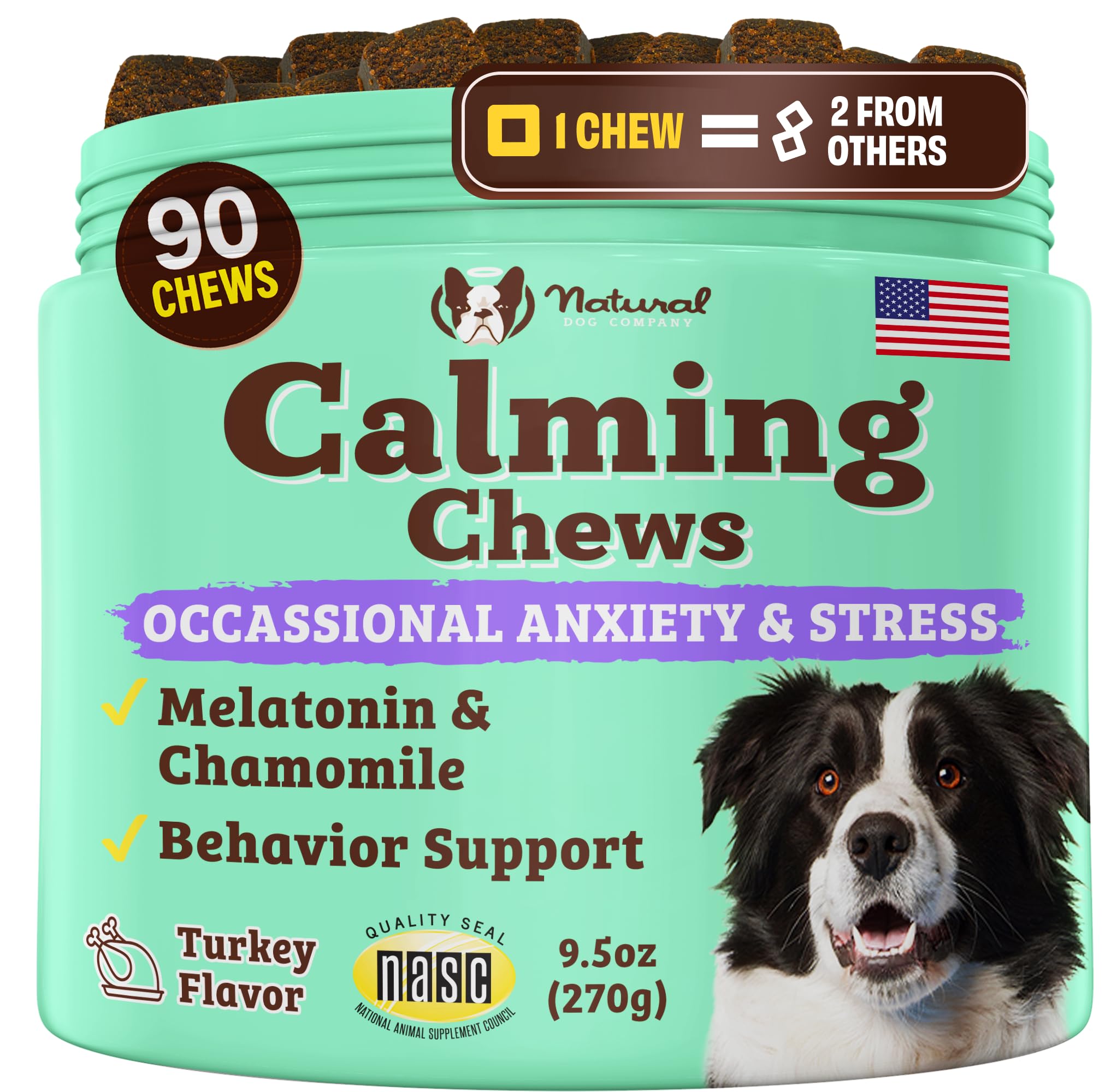 Natural Dog Company Calming Chews bottle promotes gentle relaxation during stressful events.