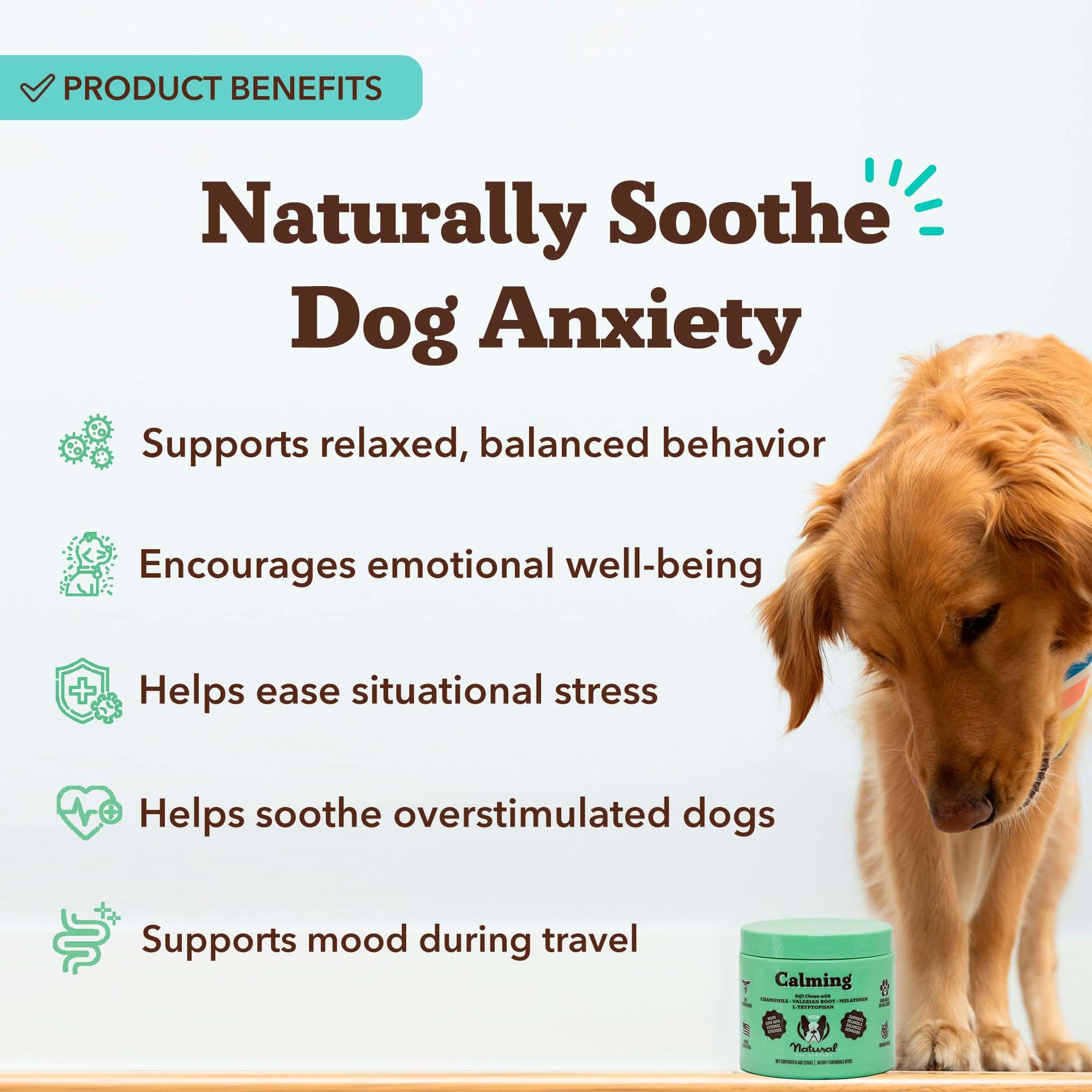Natural Dog Company Calming Chews chamomile flowers image suggests soothing aroma for anxious pups.
