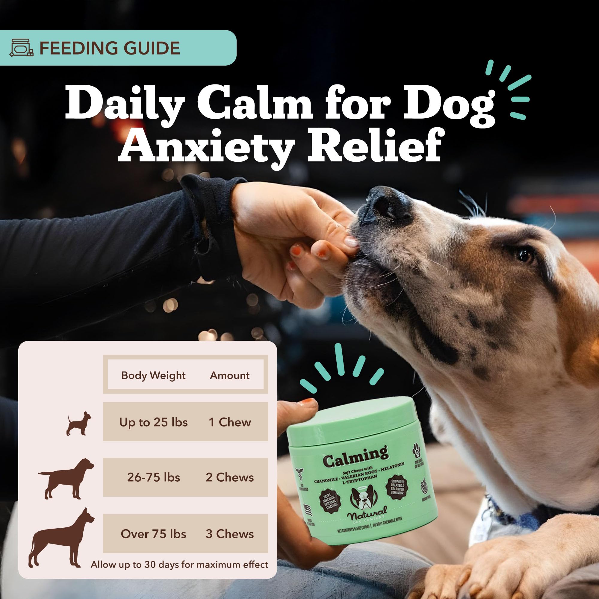 Natural Dog Company Calming Chews close-up texture shows bone-shaped chews for chewing satisfaction.