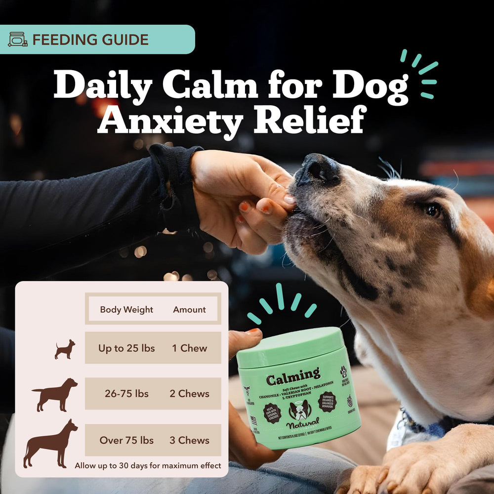 Natural Dog Company Calming Chews close-up texture shows bone-shaped chews for chewing satisfaction.